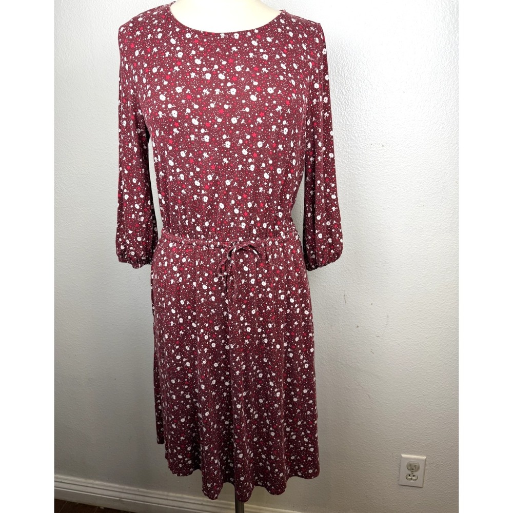 Boden Midi Jersey Knit Red Floral Print Elastic Waist 3/4 Sleeve Dress‎ 8